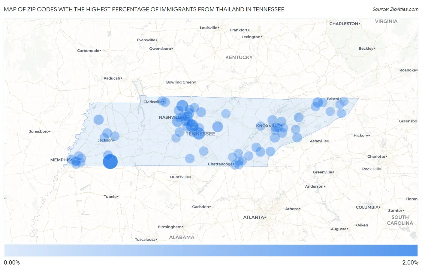 Zip Codes with the Highest Percentage of Immigrants from Thailand in Tennessee Map