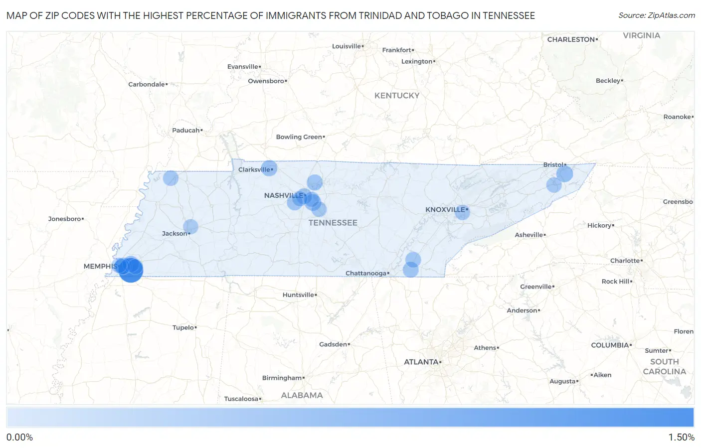 Zip Codes with the Highest Percentage of Immigrants from Trinidad and Tobago in Tennessee Map