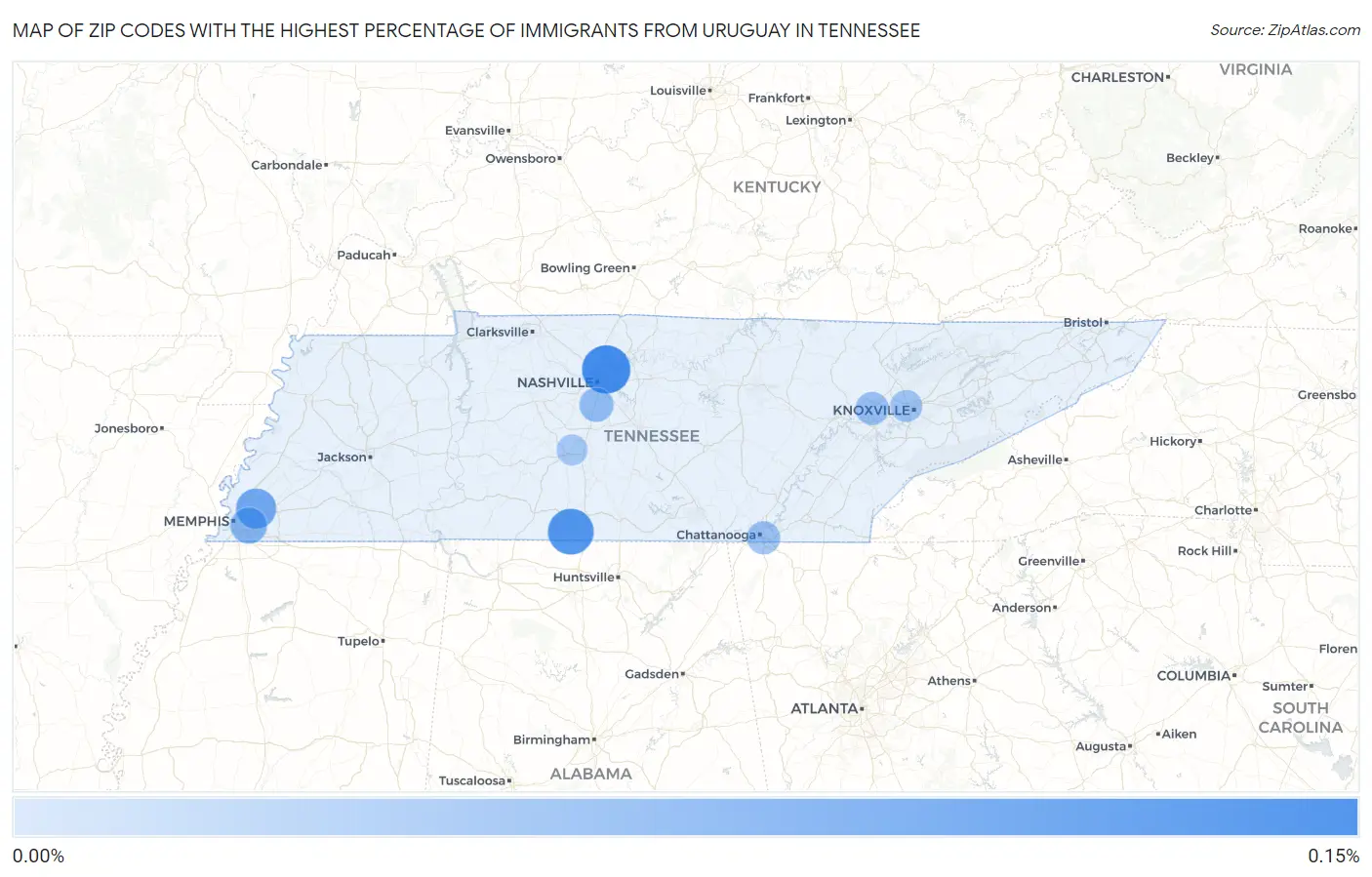 Zip Codes with the Highest Percentage of Immigrants from Uruguay in Tennessee Map