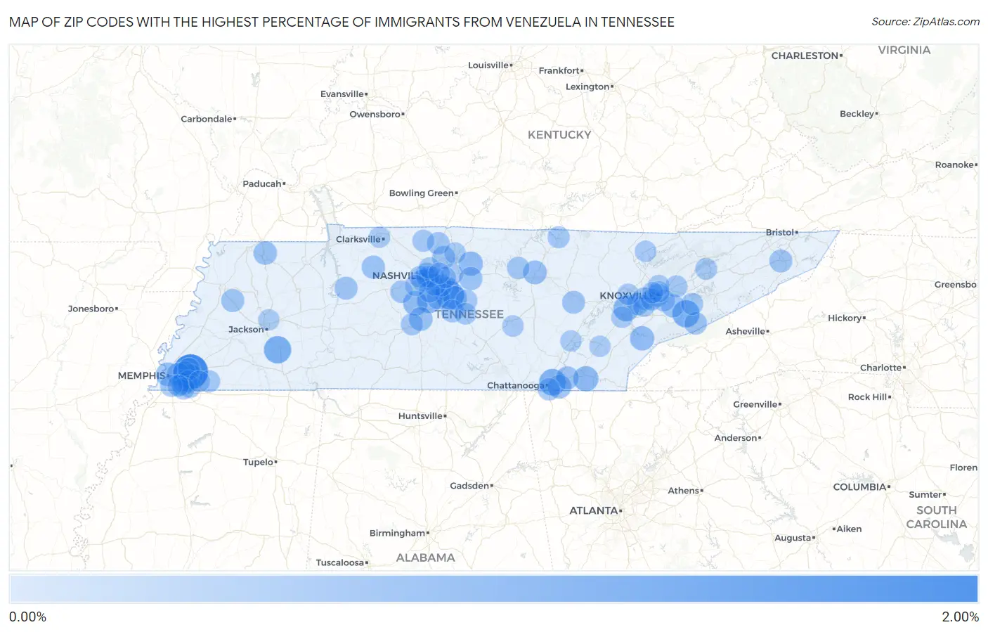 Zip Codes with the Highest Percentage of Immigrants from Venezuela in Tennessee Map