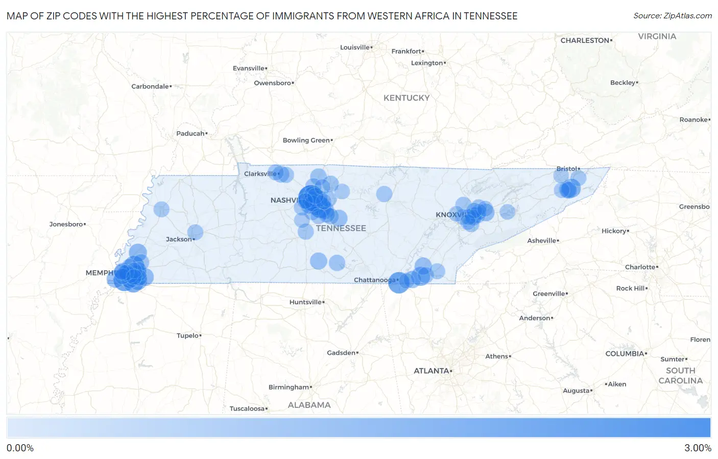 Zip Codes with the Highest Percentage of Immigrants from Western Africa in Tennessee Map