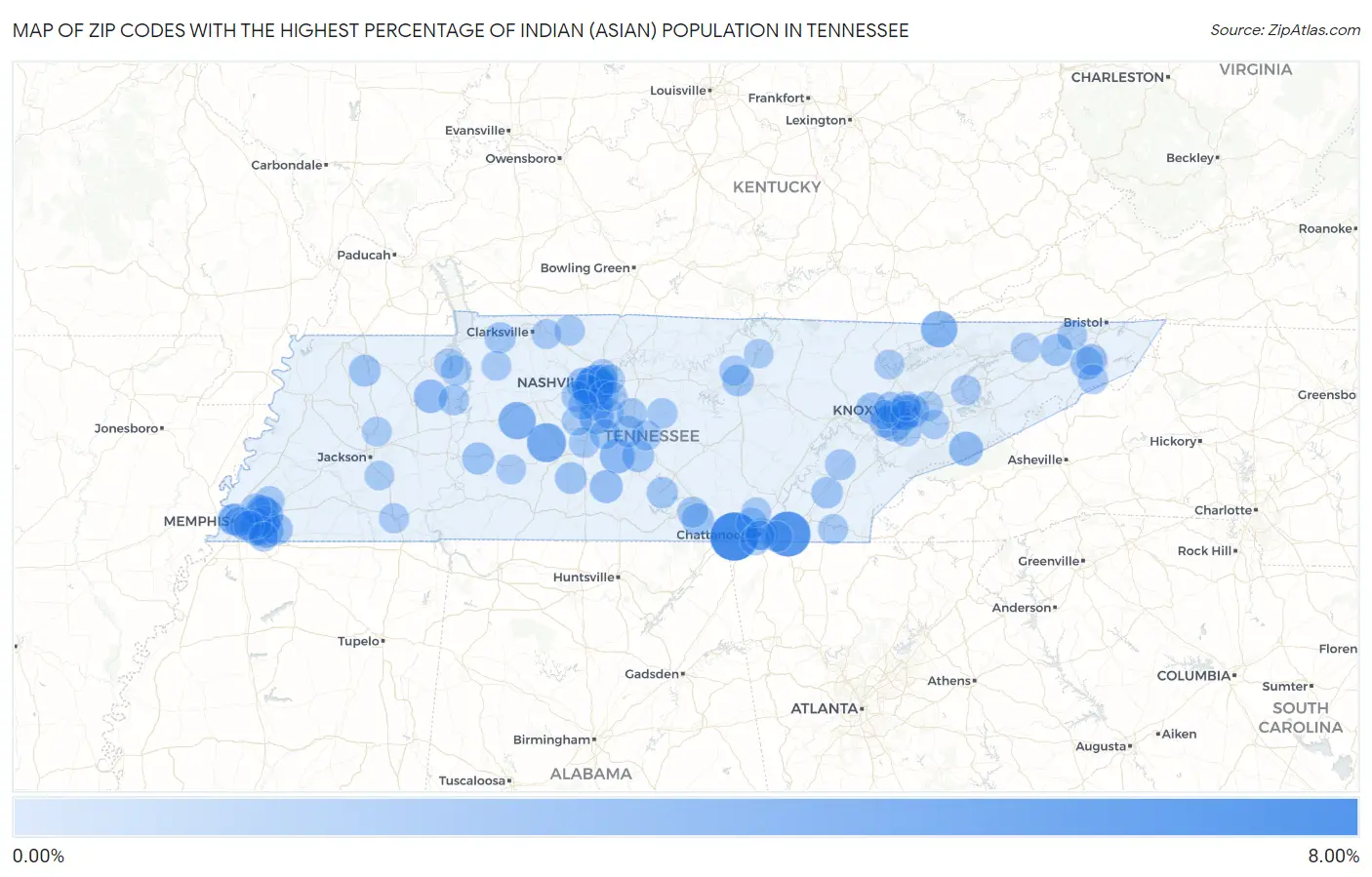 Zip Codes with the Highest Percentage of Indian (Asian) Population in Tennessee Map