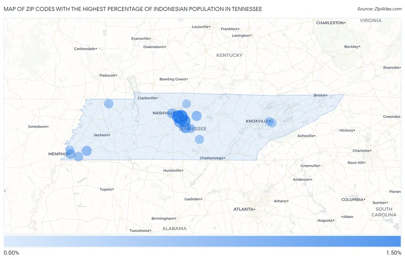 Zip Codes with the Highest Percentage of Indonesian Population in Tennessee Map