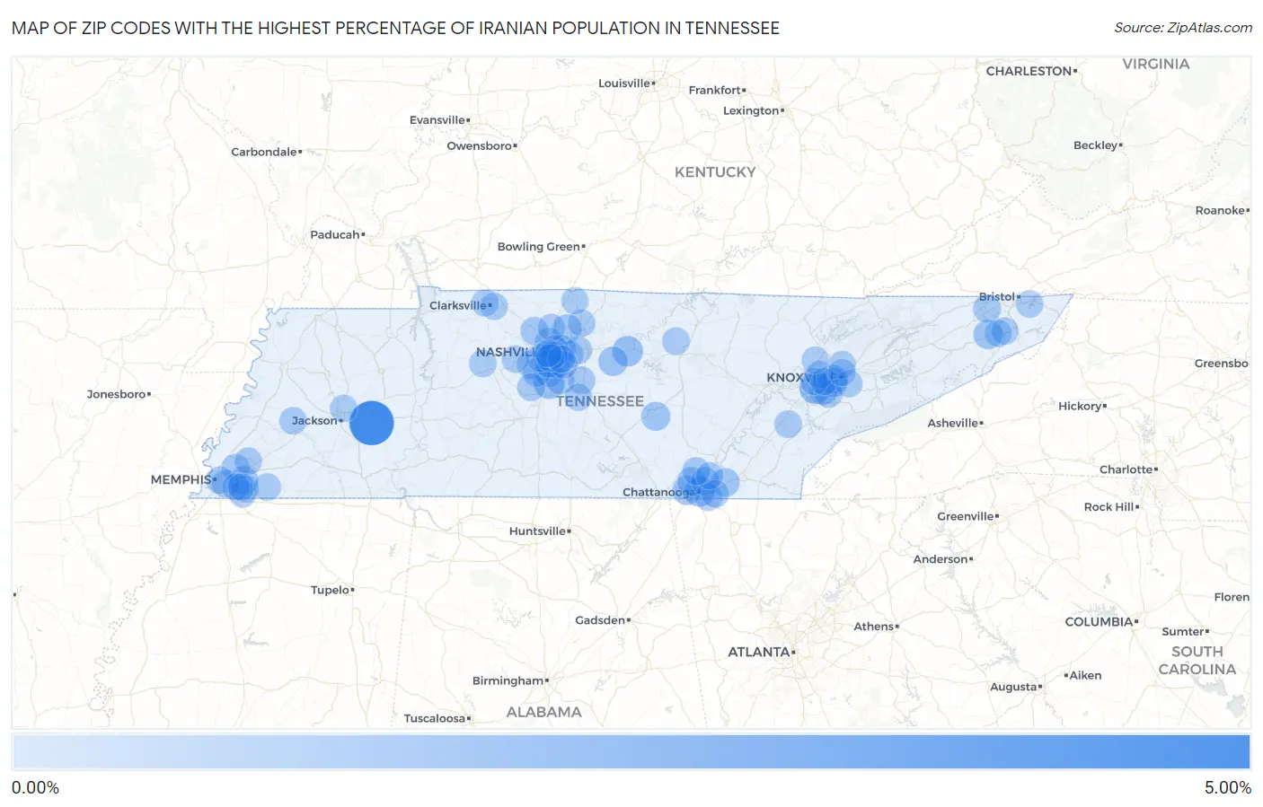Zip Codes with the Highest Percentage of Iranian Population in Tennessee Map