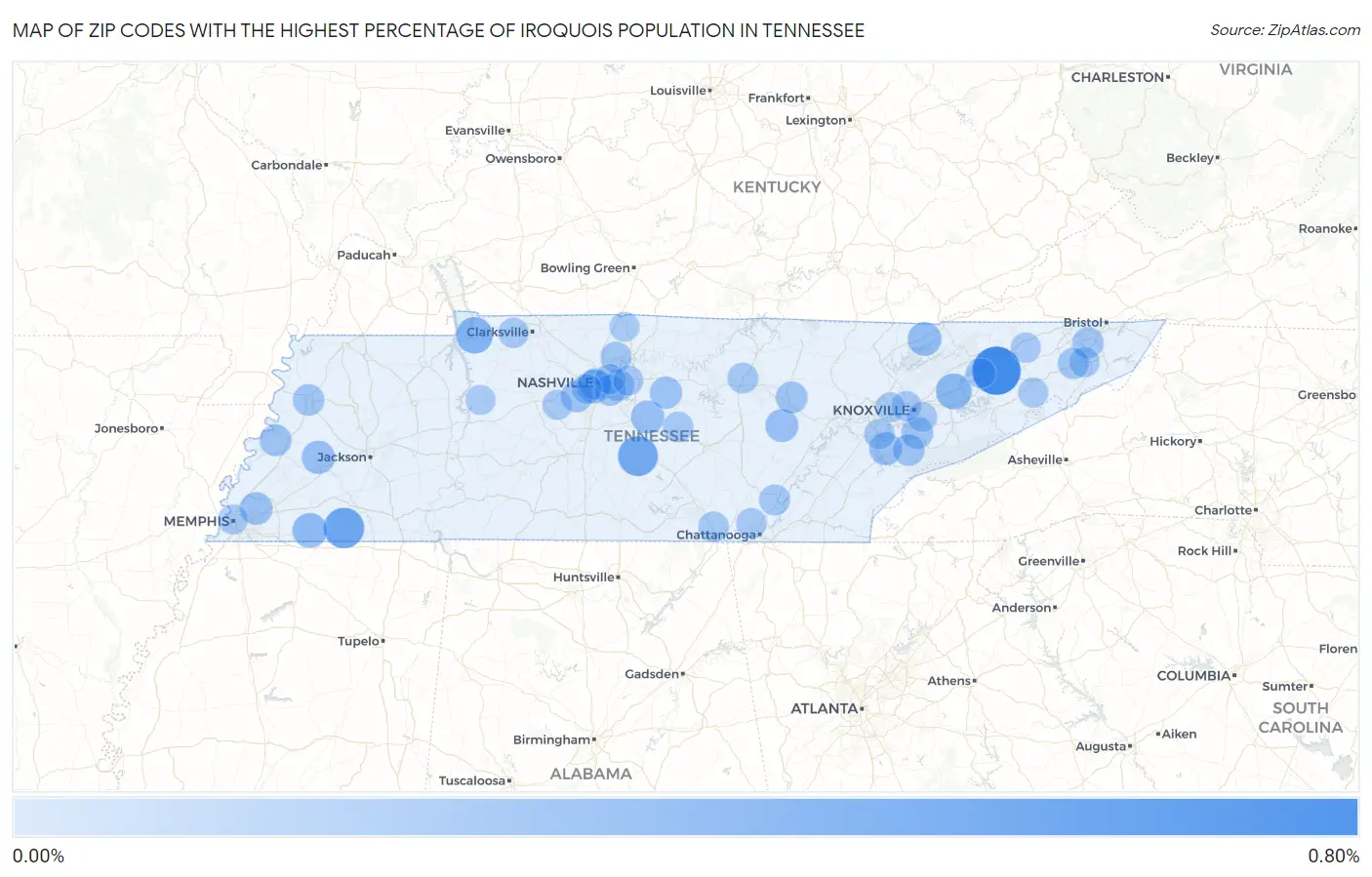 Zip Codes with the Highest Percentage of Iroquois Population in Tennessee Map