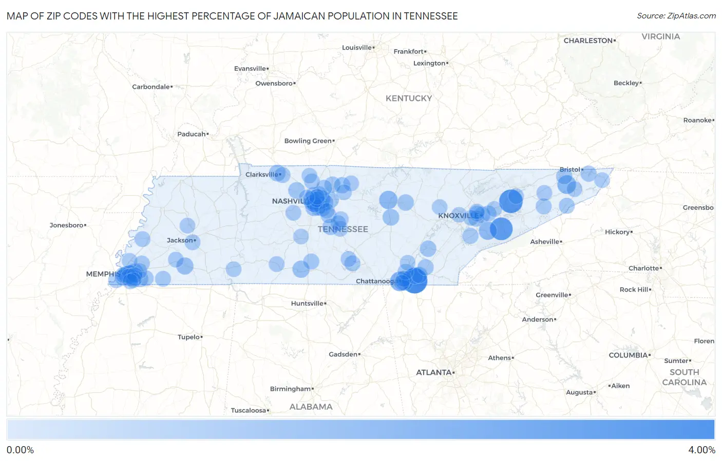 Zip Codes with the Highest Percentage of Jamaican Population in Tennessee Map