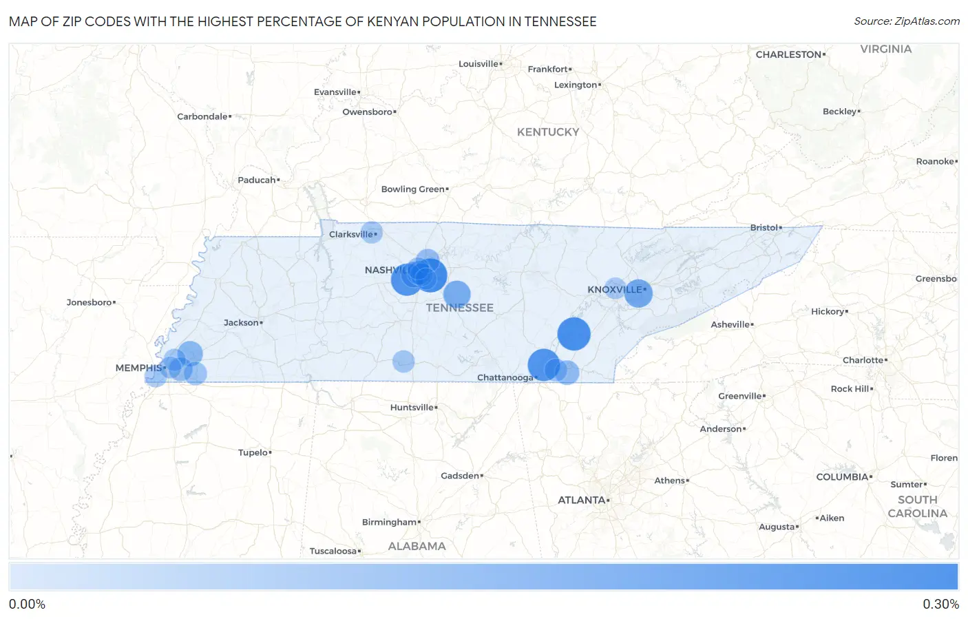 Zip Codes with the Highest Percentage of Kenyan Population in Tennessee Map