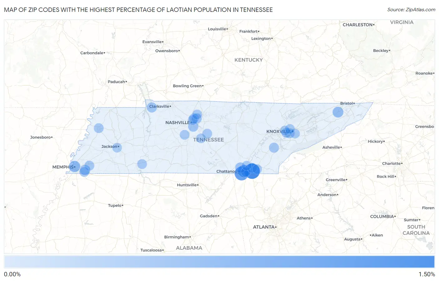 Zip Codes with the Highest Percentage of Laotian Population in Tennessee Map