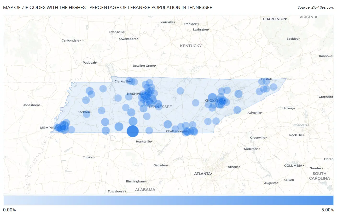 Zip Codes with the Highest Percentage of Lebanese Population in Tennessee Map