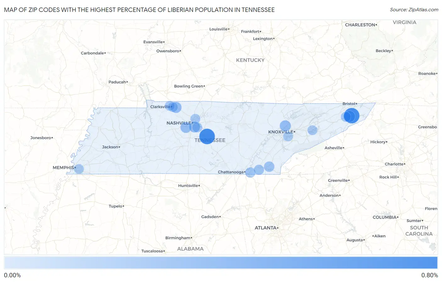 Zip Codes with the Highest Percentage of Liberian Population in Tennessee Map