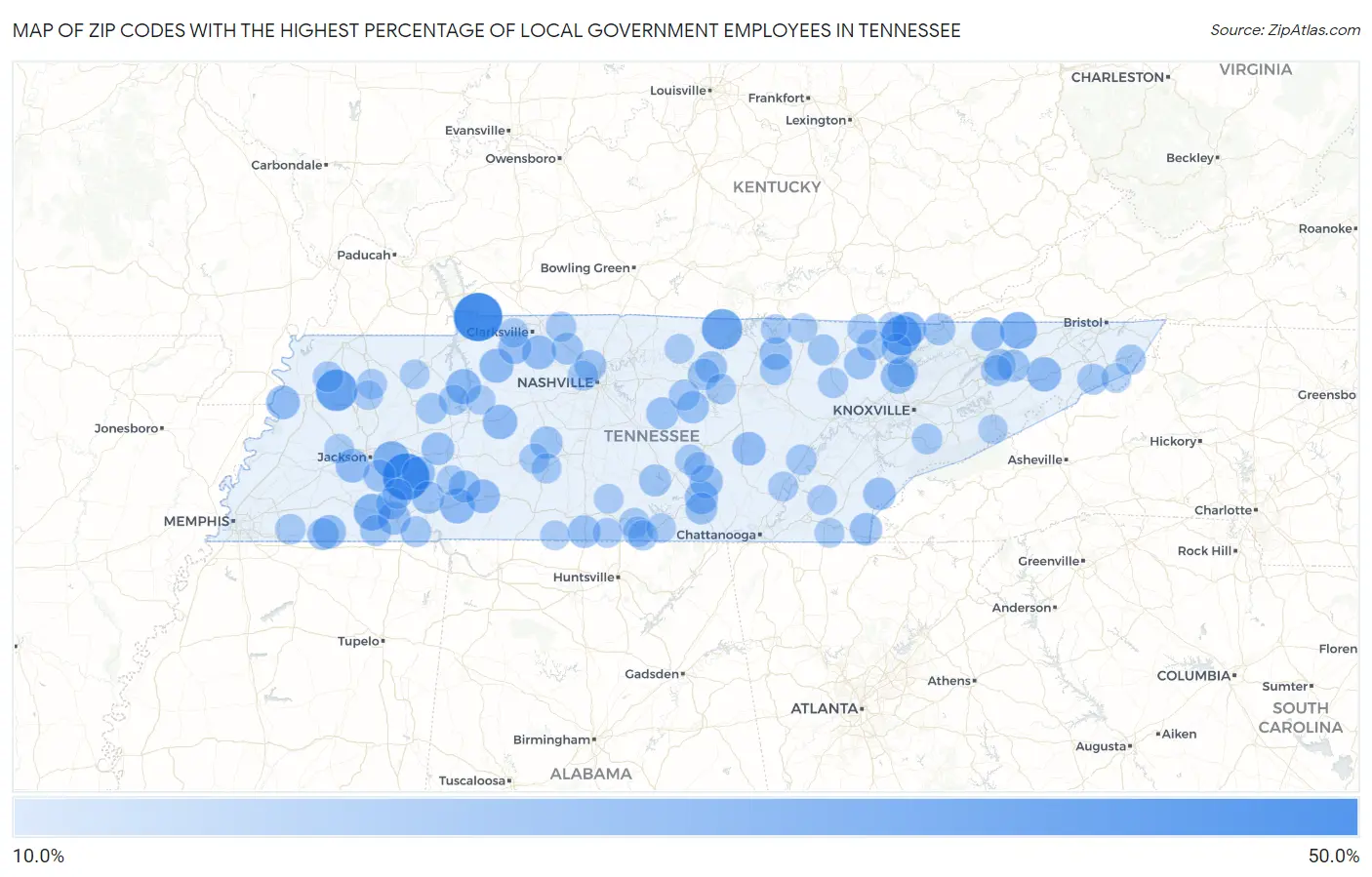 Zip Codes with the Highest Percentage of Local Government Employees in Tennessee Map