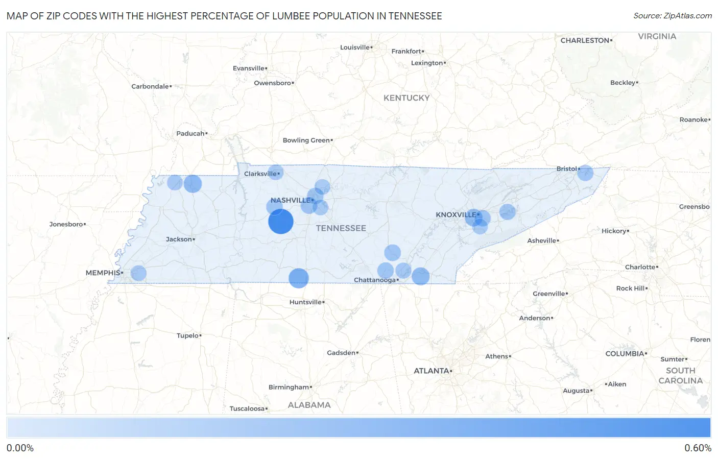 Zip Codes with the Highest Percentage of Lumbee Population in Tennessee Map