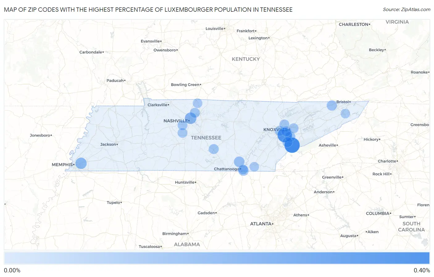 Zip Codes with the Highest Percentage of Luxembourger Population in Tennessee Map