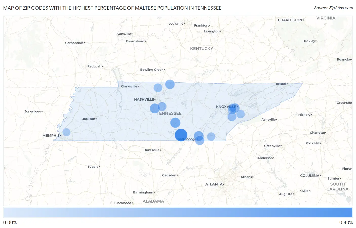 Zip Codes with the Highest Percentage of Maltese Population in Tennessee Map