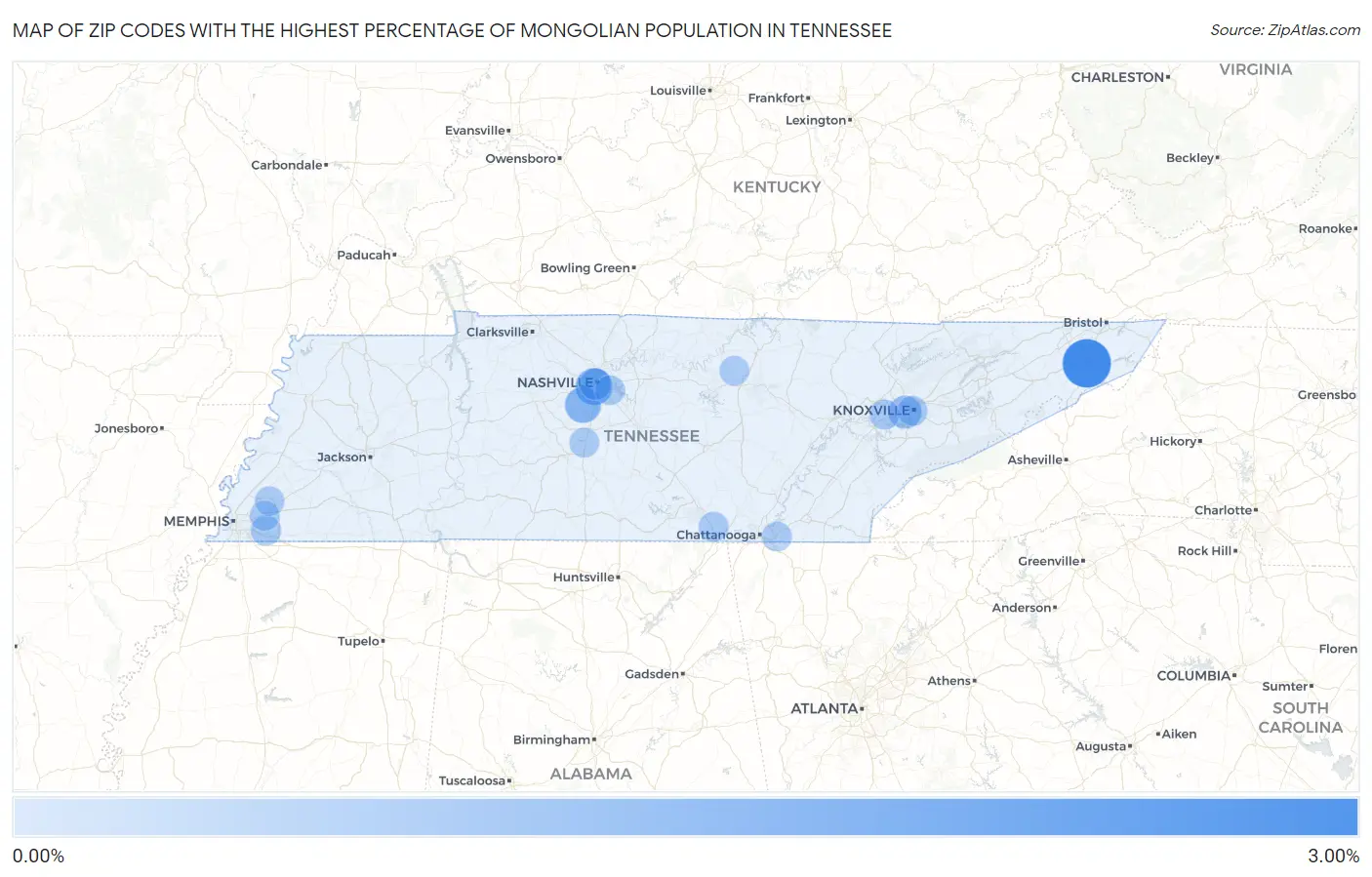 Zip Codes with the Highest Percentage of Mongolian Population in Tennessee Map