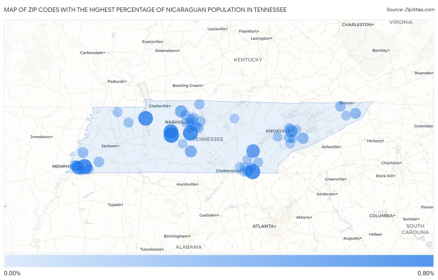 Zip Codes with the Highest Percentage of Nicaraguan Population in Tennessee Map