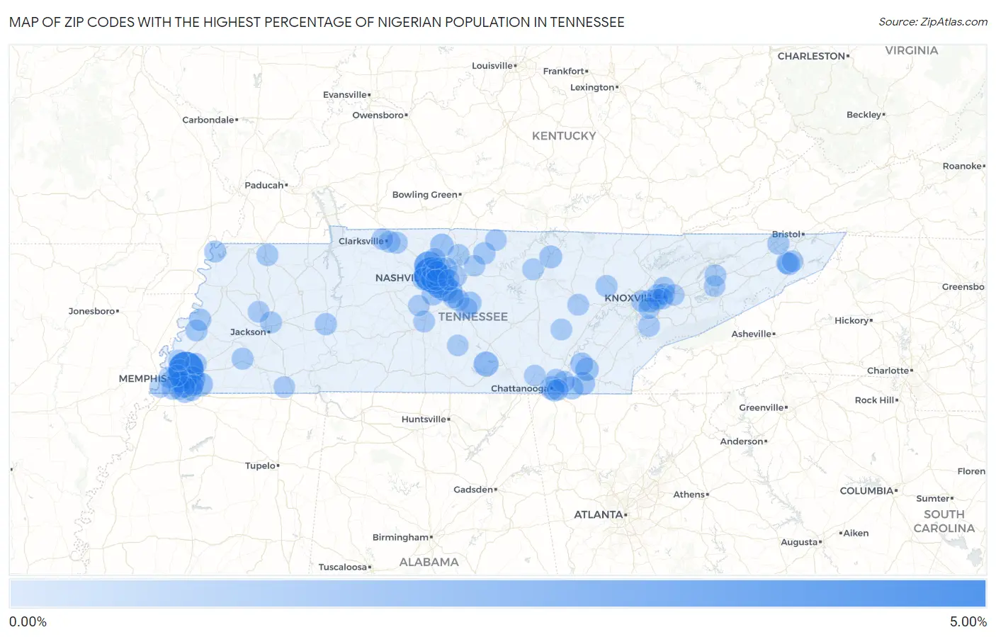 Zip Codes with the Highest Percentage of Nigerian Population in Tennessee Map