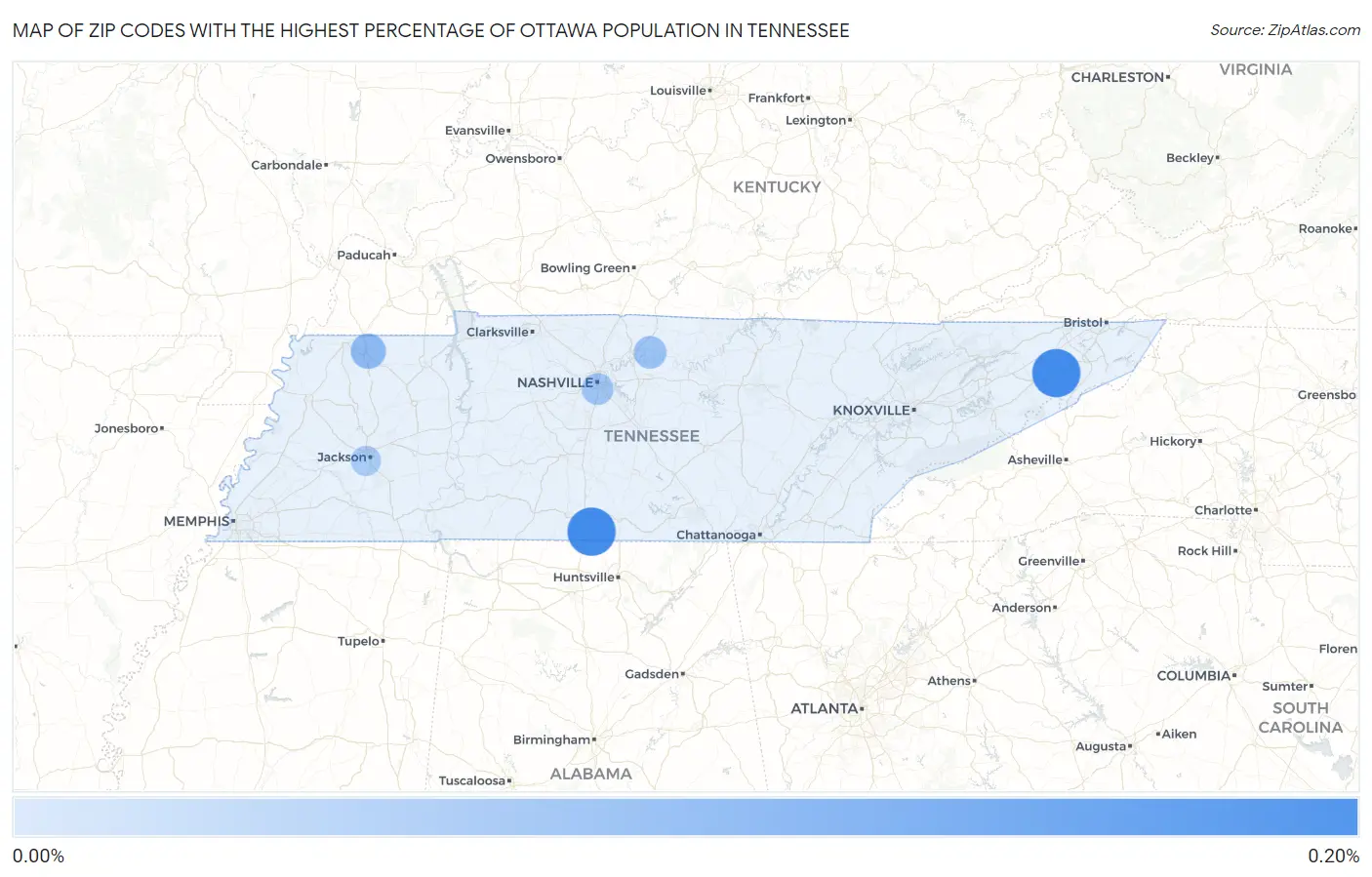 Zip Codes with the Highest Percentage of Ottawa Population in Tennessee Map