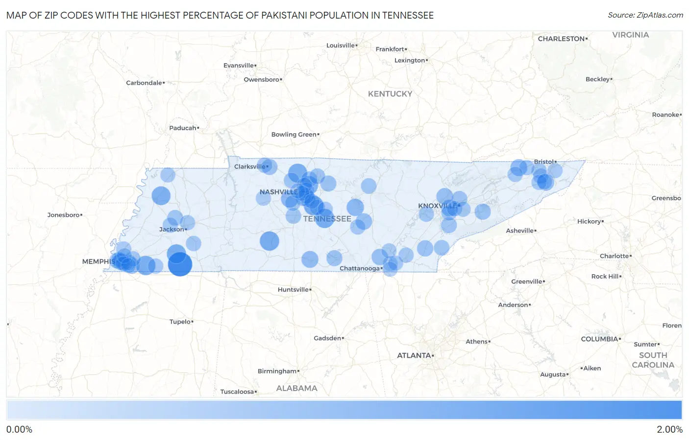 Zip Codes with the Highest Percentage of Pakistani Population in Tennessee Map