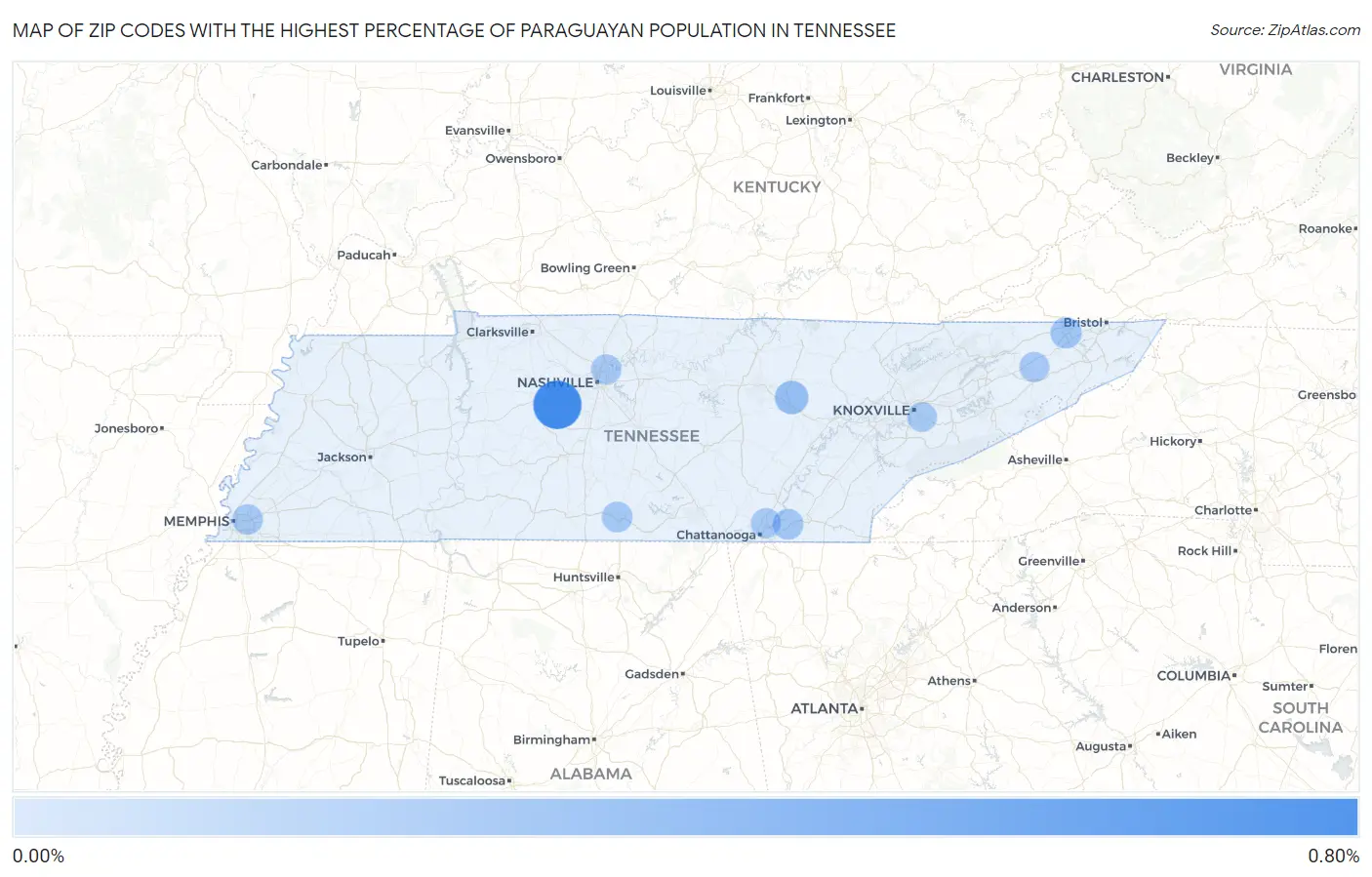 Zip Codes with the Highest Percentage of Paraguayan Population in Tennessee Map