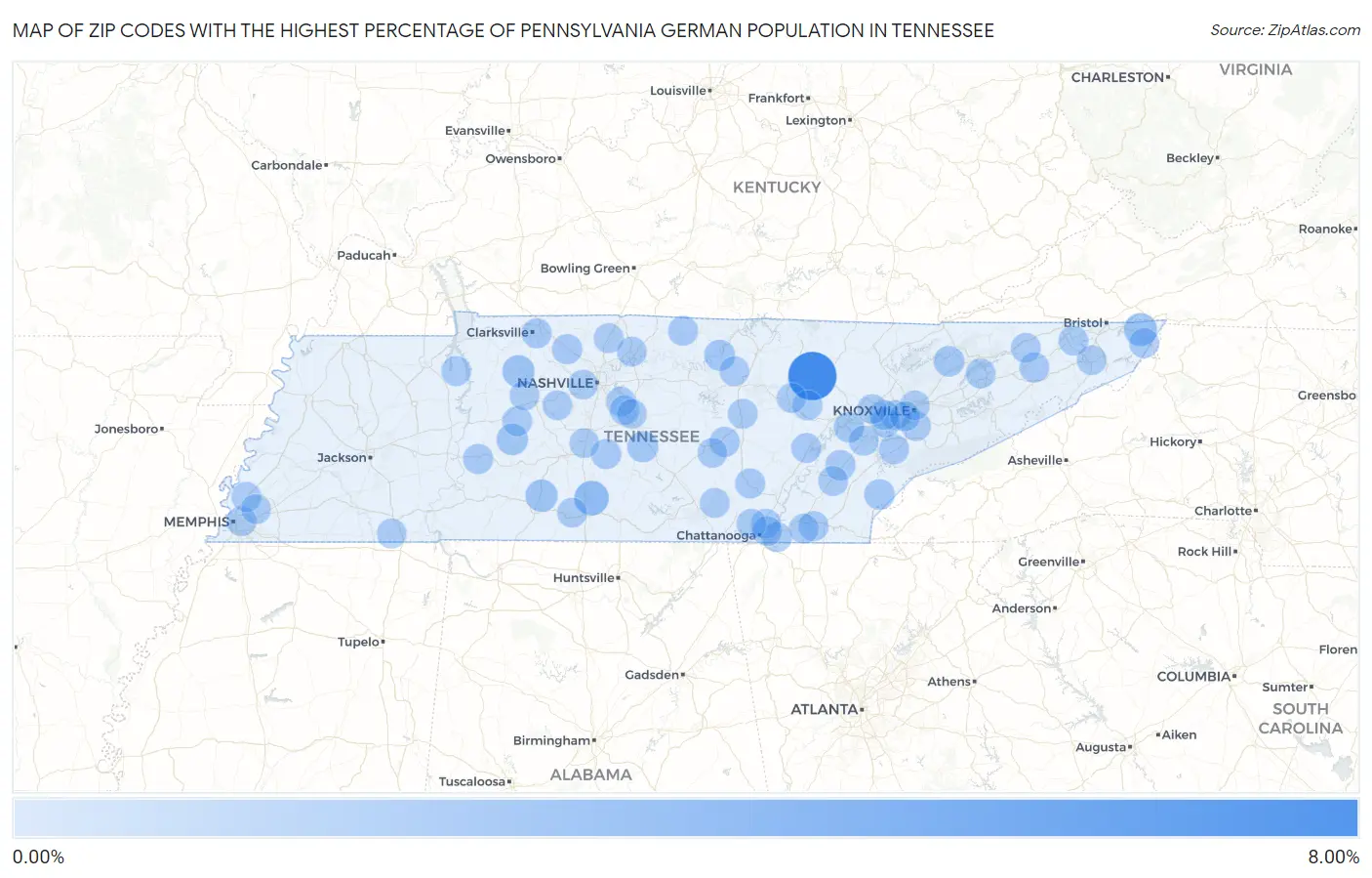 Zip Codes with the Highest Percentage of Pennsylvania German Population in Tennessee Map