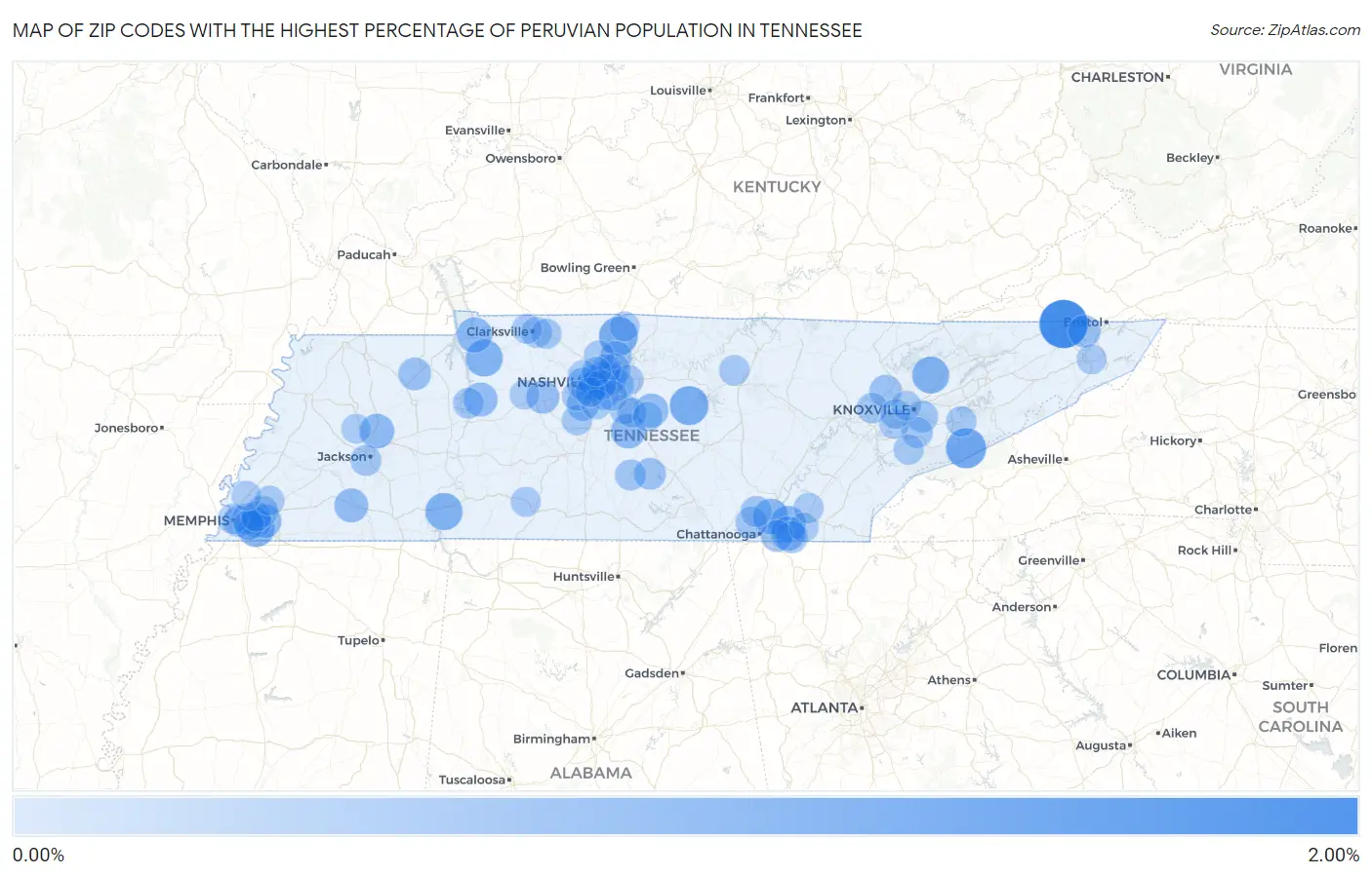 Zip Codes with the Highest Percentage of Peruvian Population in Tennessee Map