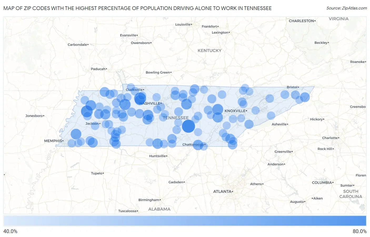 Zip Codes with the Highest Percentage of Population Driving Alone to Work in Tennessee Map