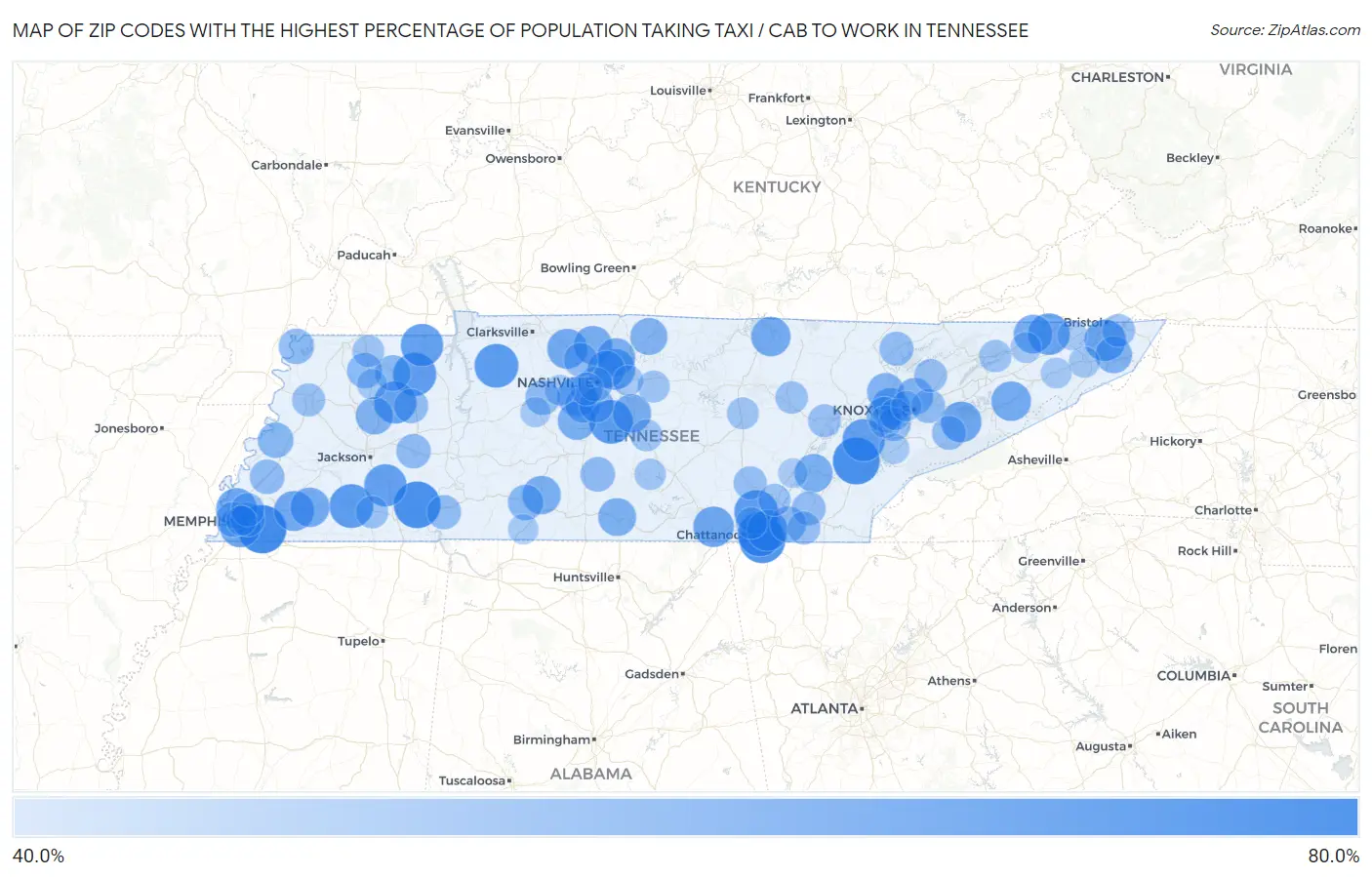 Zip Codes with the Highest Percentage of Population Taking Taxi / Cab to Work in Tennessee Map
