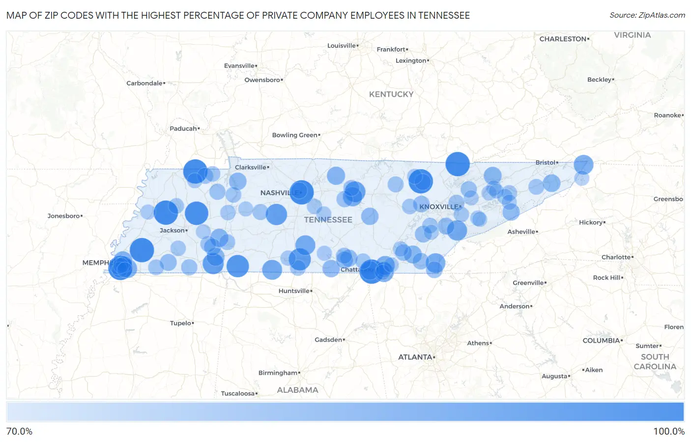Zip Codes with the Highest Percentage of Private Company Employees in Tennessee Map