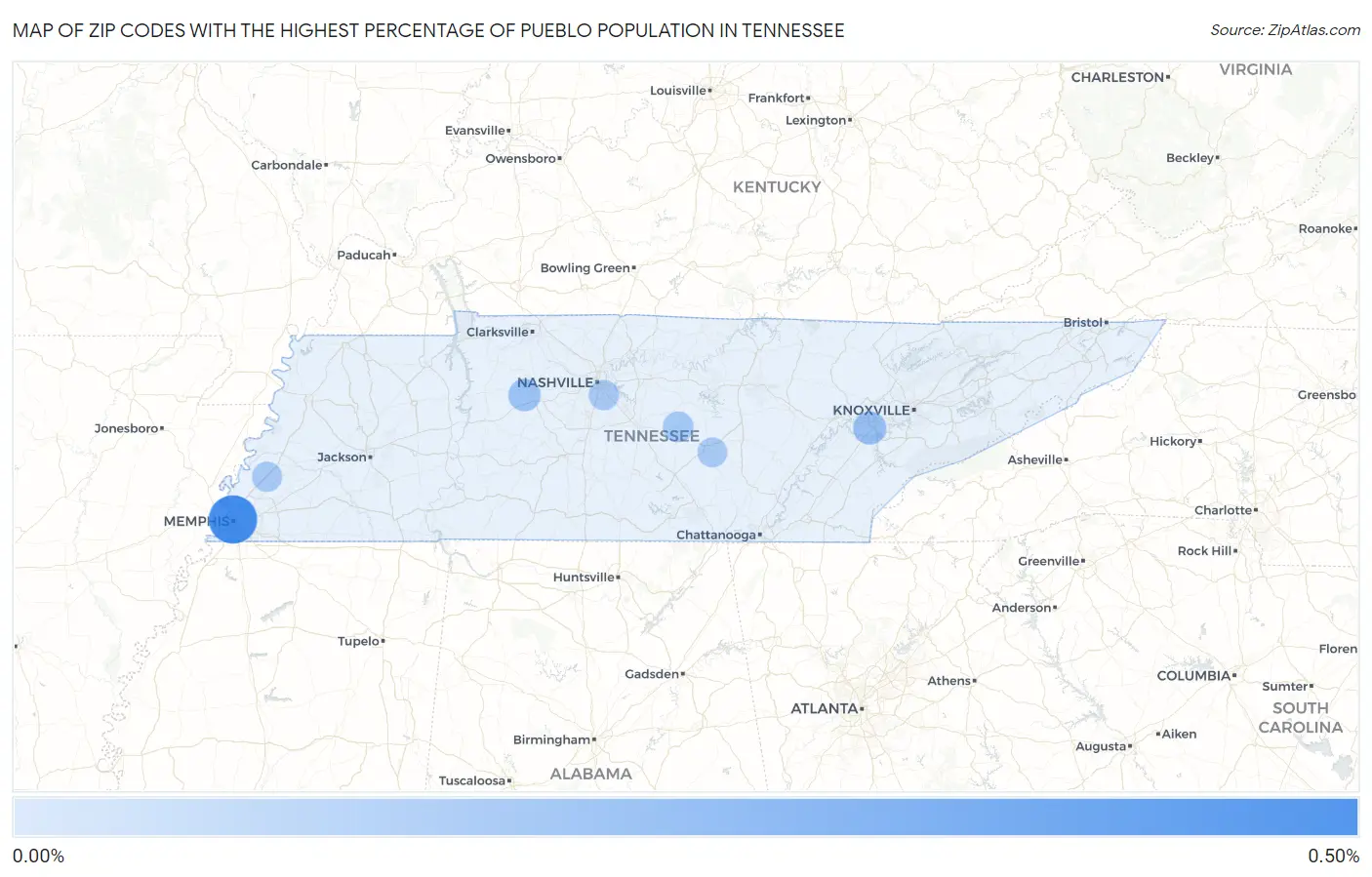 Zip Codes with the Highest Percentage of Pueblo Population in Tennessee Map