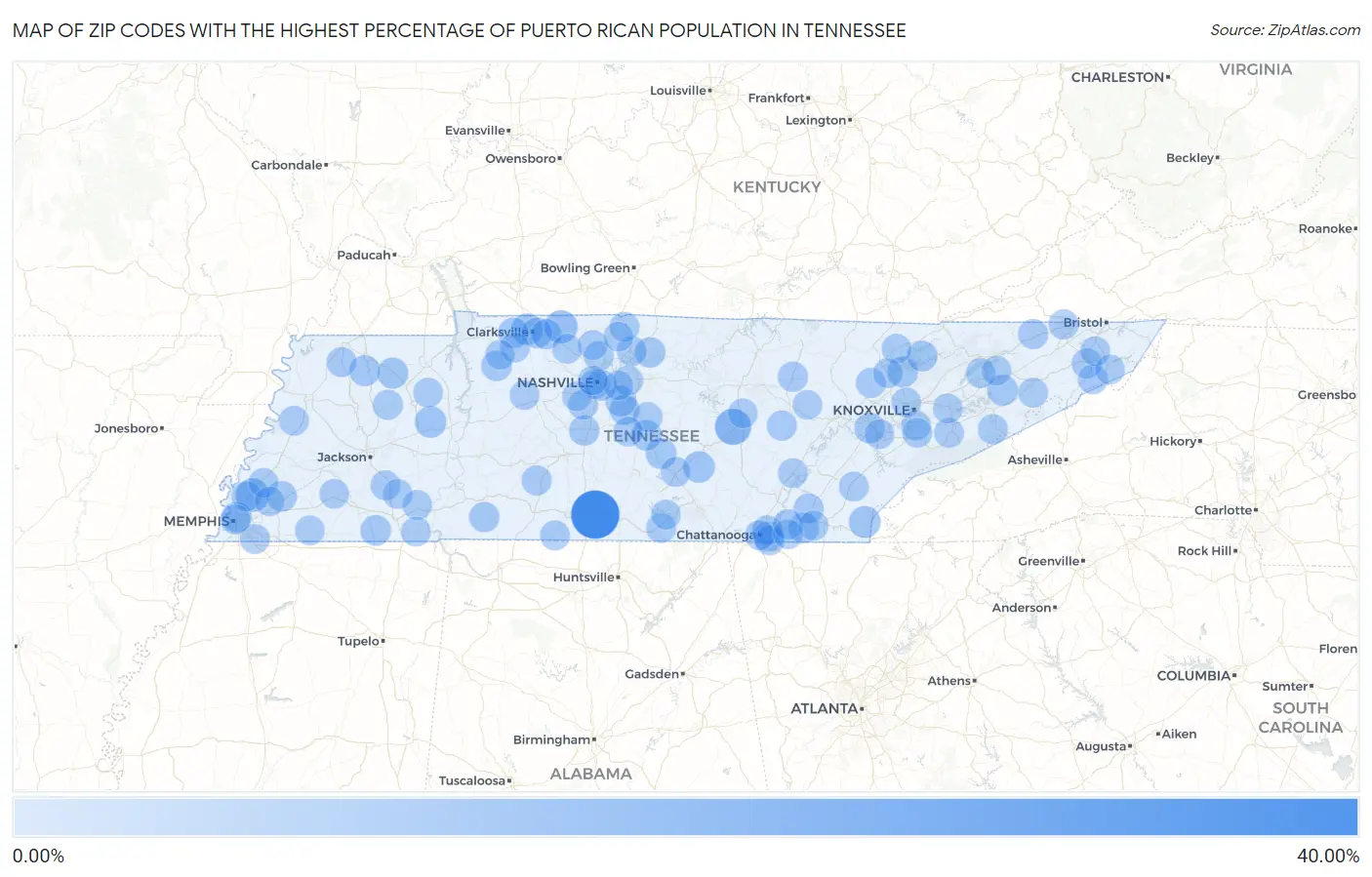 Zip Codes with the Highest Percentage of Puerto Rican Population in Tennessee Map