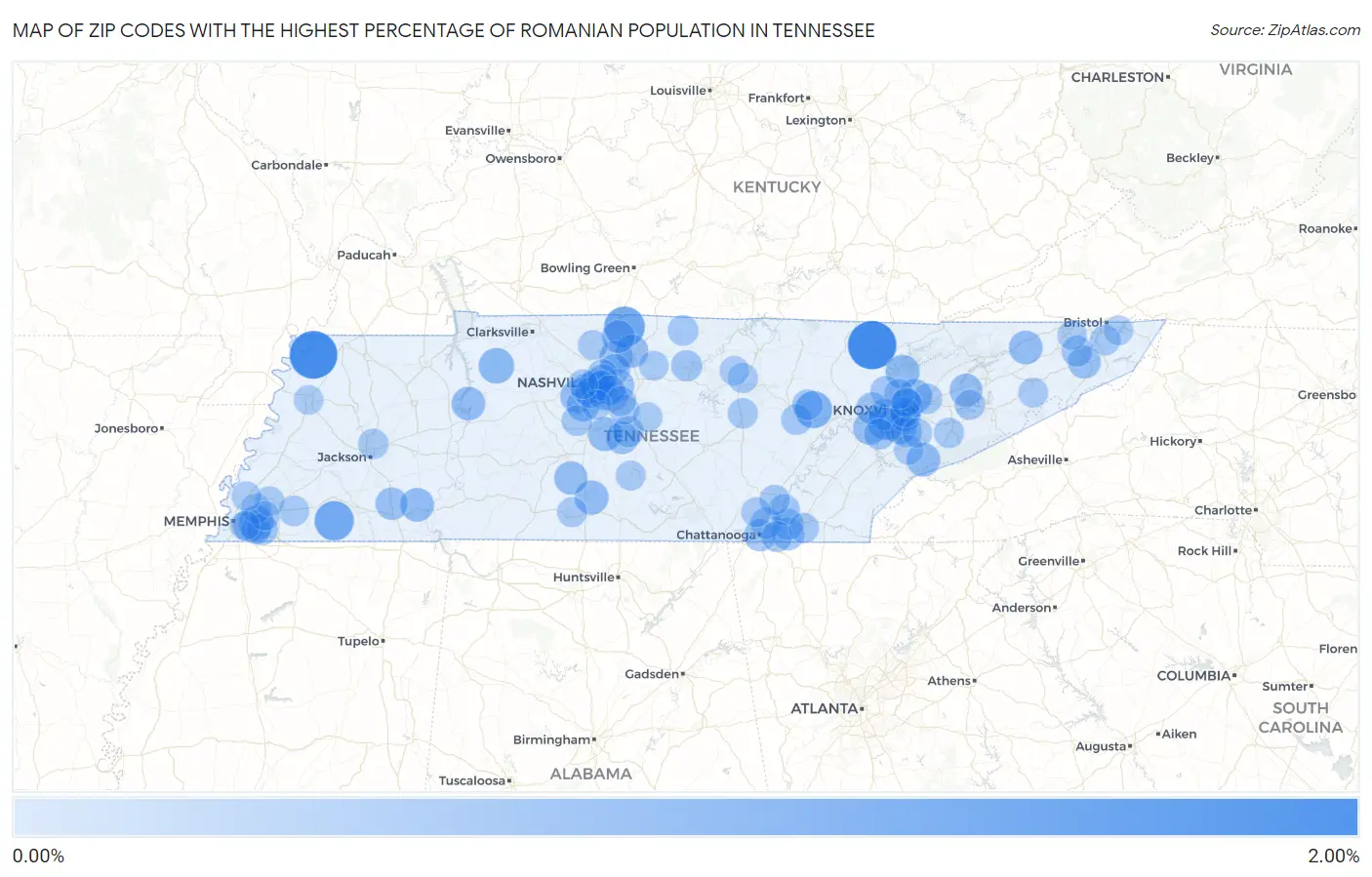Zip Codes with the Highest Percentage of Romanian Population in Tennessee Map