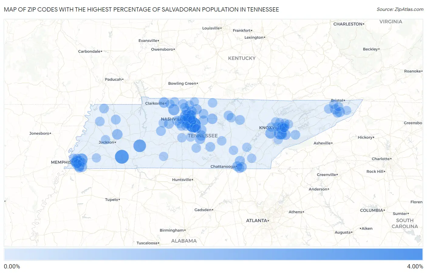 Zip Codes with the Highest Percentage of Salvadoran Population in Tennessee Map