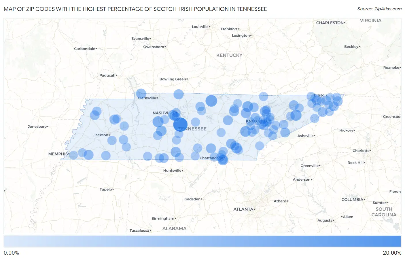 Zip Codes with the Highest Percentage of Scotch-Irish Population in Tennessee Map