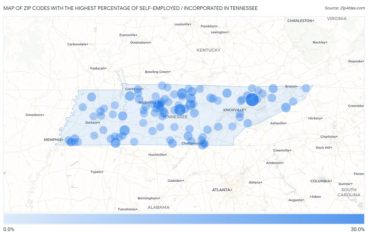 Zip Codes with the Highest Percentage of Self-Employed / Incorporated in Tennessee Map