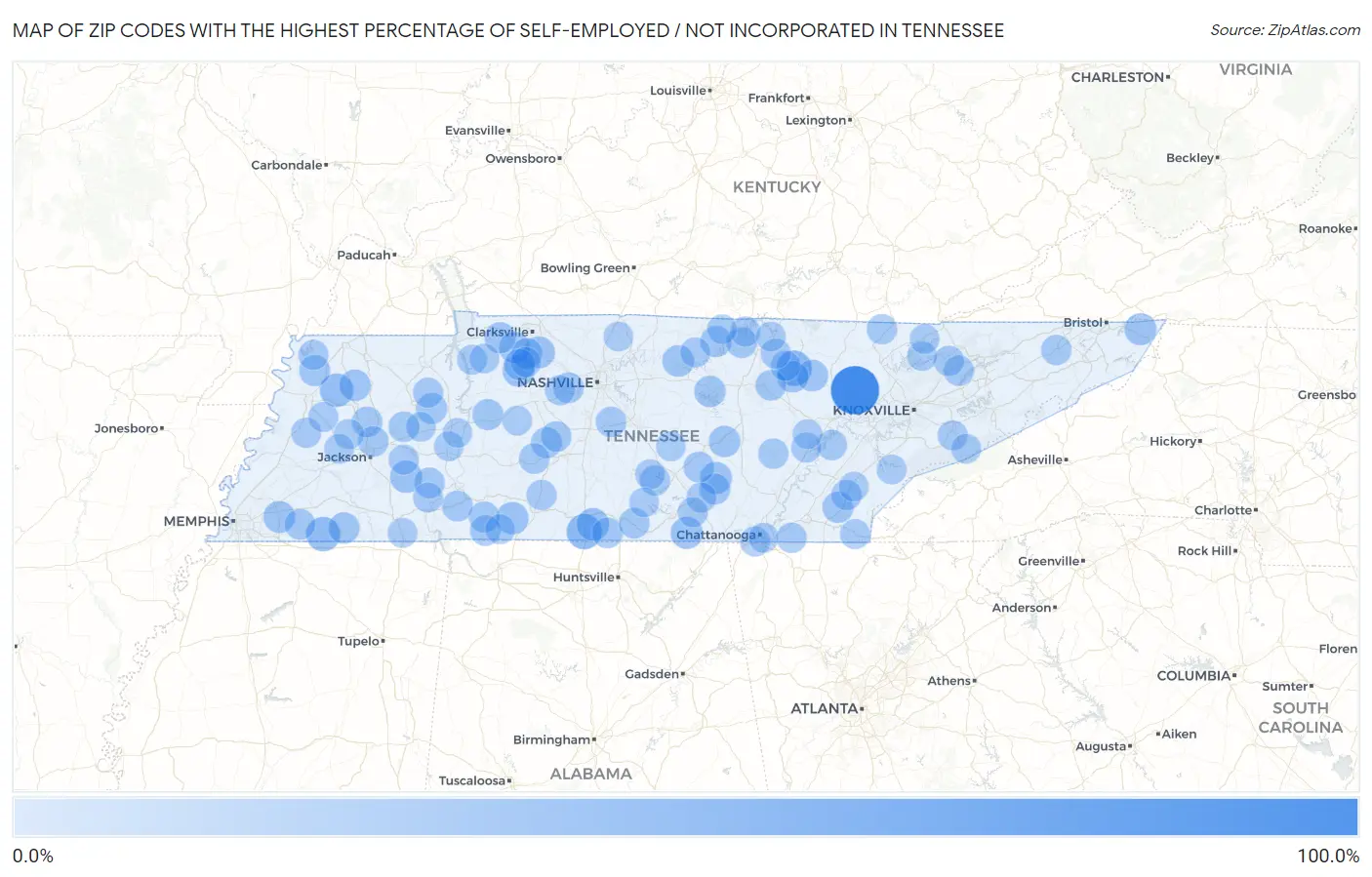 Zip Codes with the Highest Percentage of Self-Employed / Not Incorporated in Tennessee Map