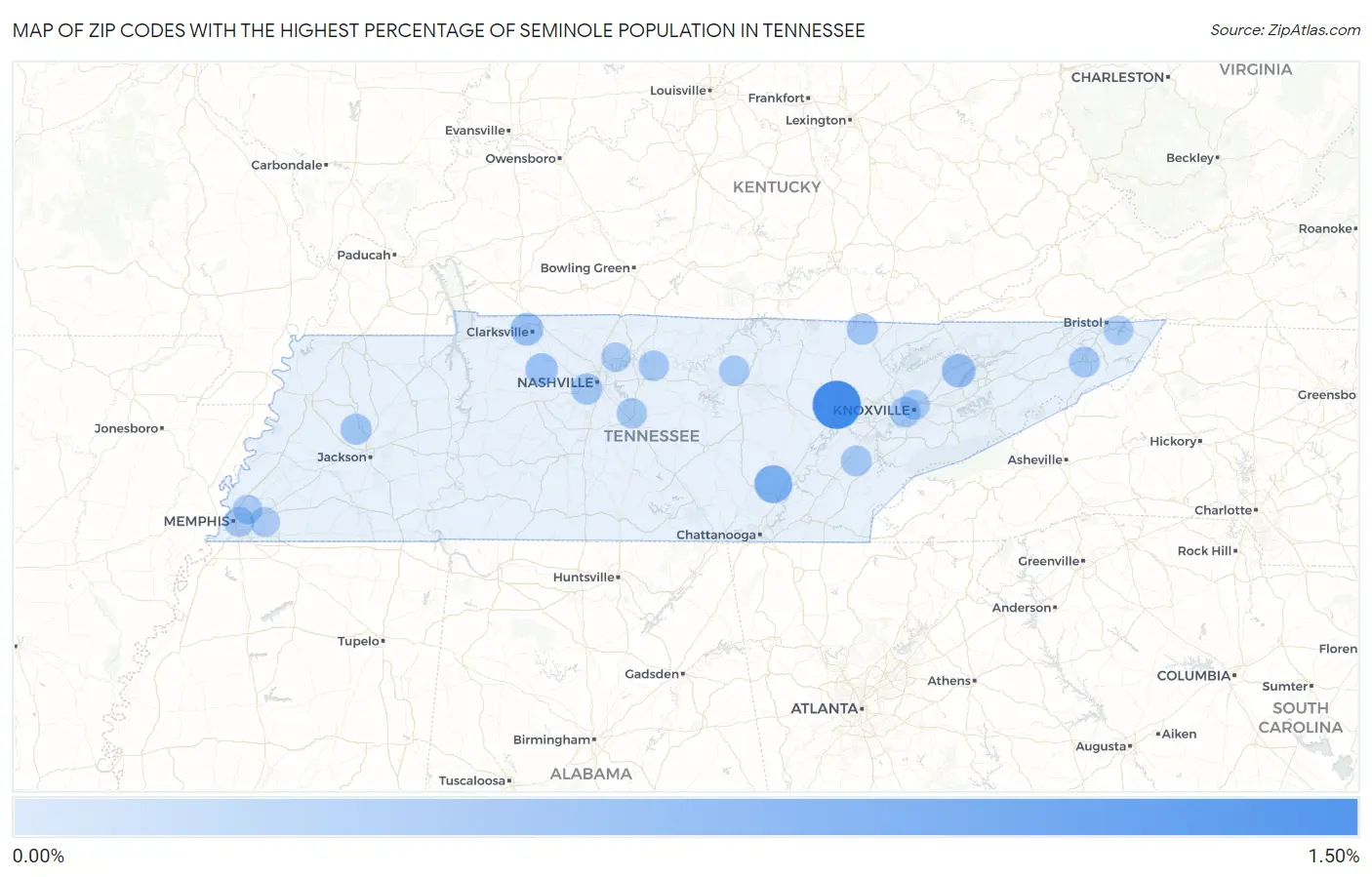 Zip Codes with the Highest Percentage of Seminole Population in Tennessee Map