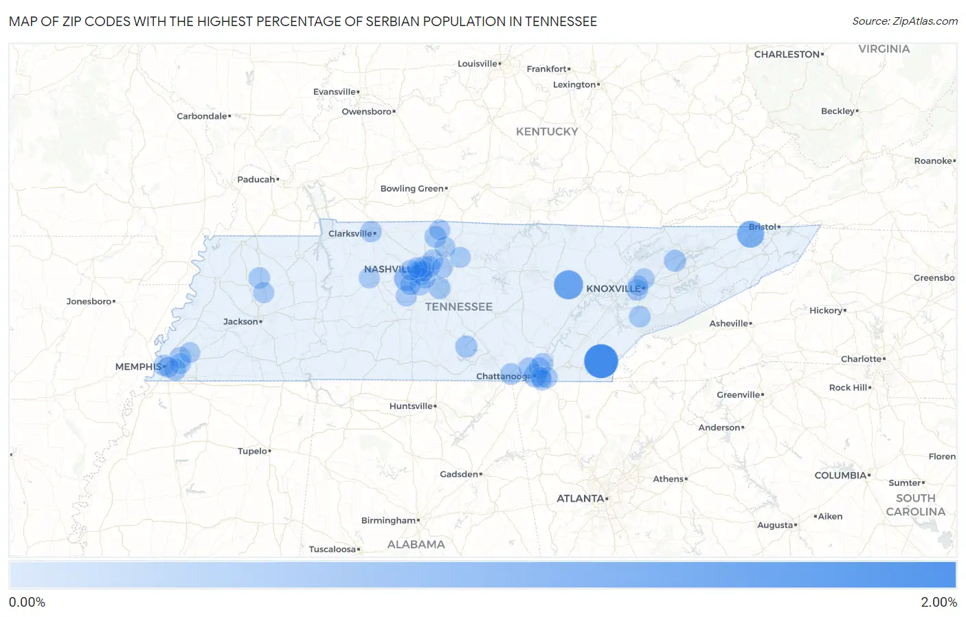 Zip Codes with the Highest Percentage of Serbian Population in Tennessee Map