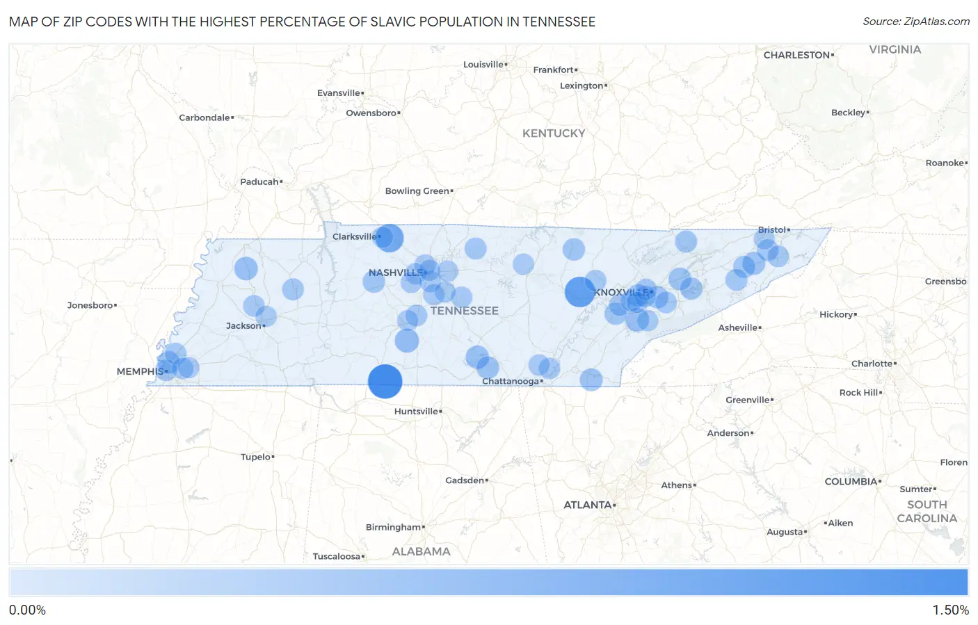 Zip Codes with the Highest Percentage of Slavic Population in Tennessee Map