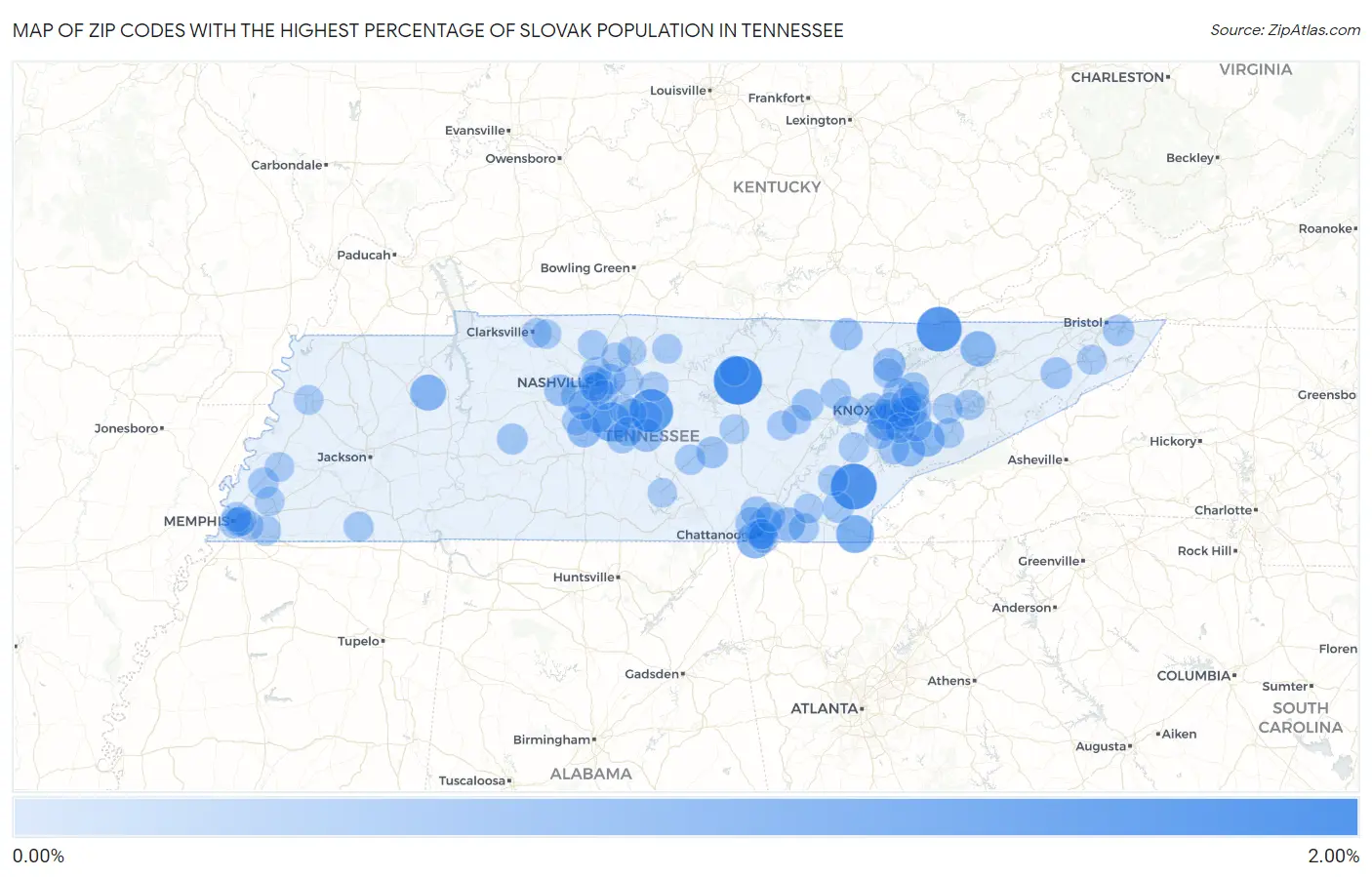 Zip Codes with the Highest Percentage of Slovak Population in Tennessee Map