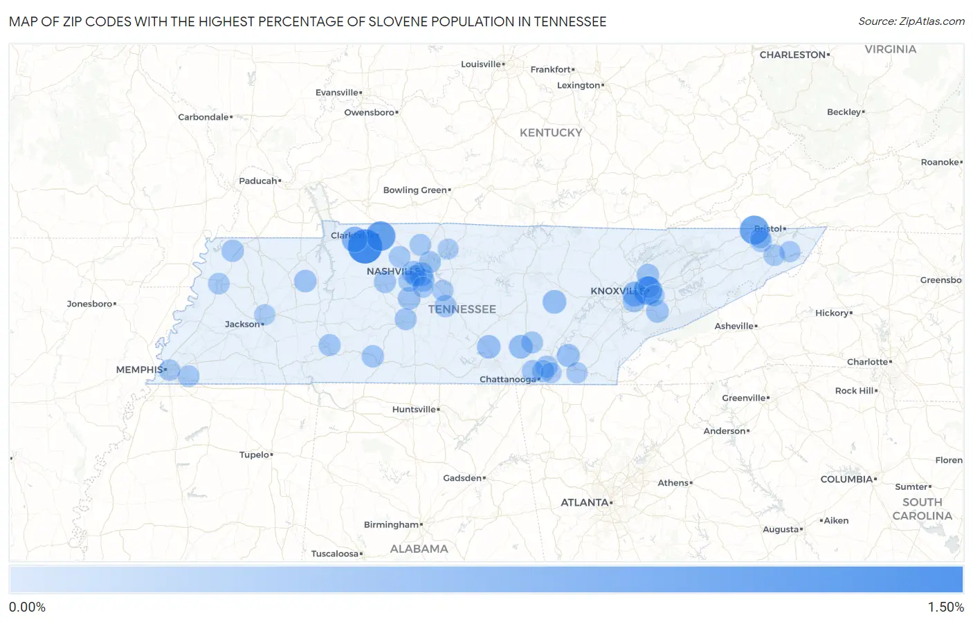Zip Codes with the Highest Percentage of Slovene Population in Tennessee Map