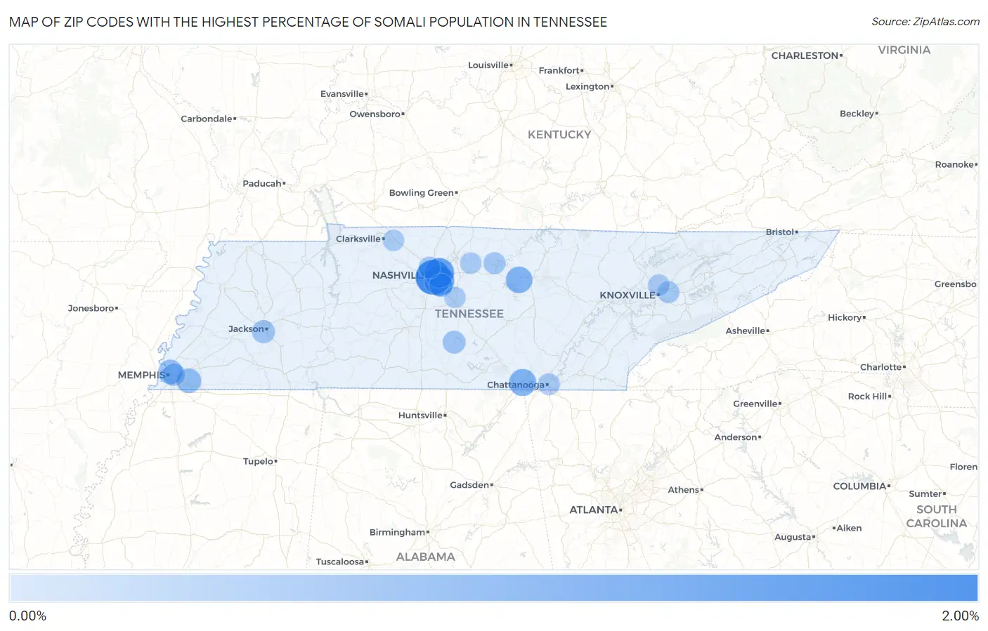Zip Codes with the Highest Percentage of Somali Population in Tennessee Map