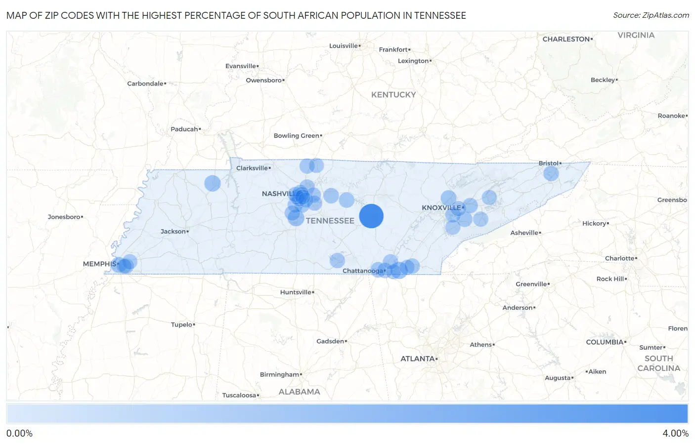 Zip Codes with the Highest Percentage of South African Population in Tennessee Map