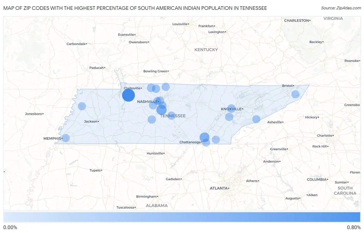 Zip Codes with the Highest Percentage of South American Indian Population in Tennessee Map