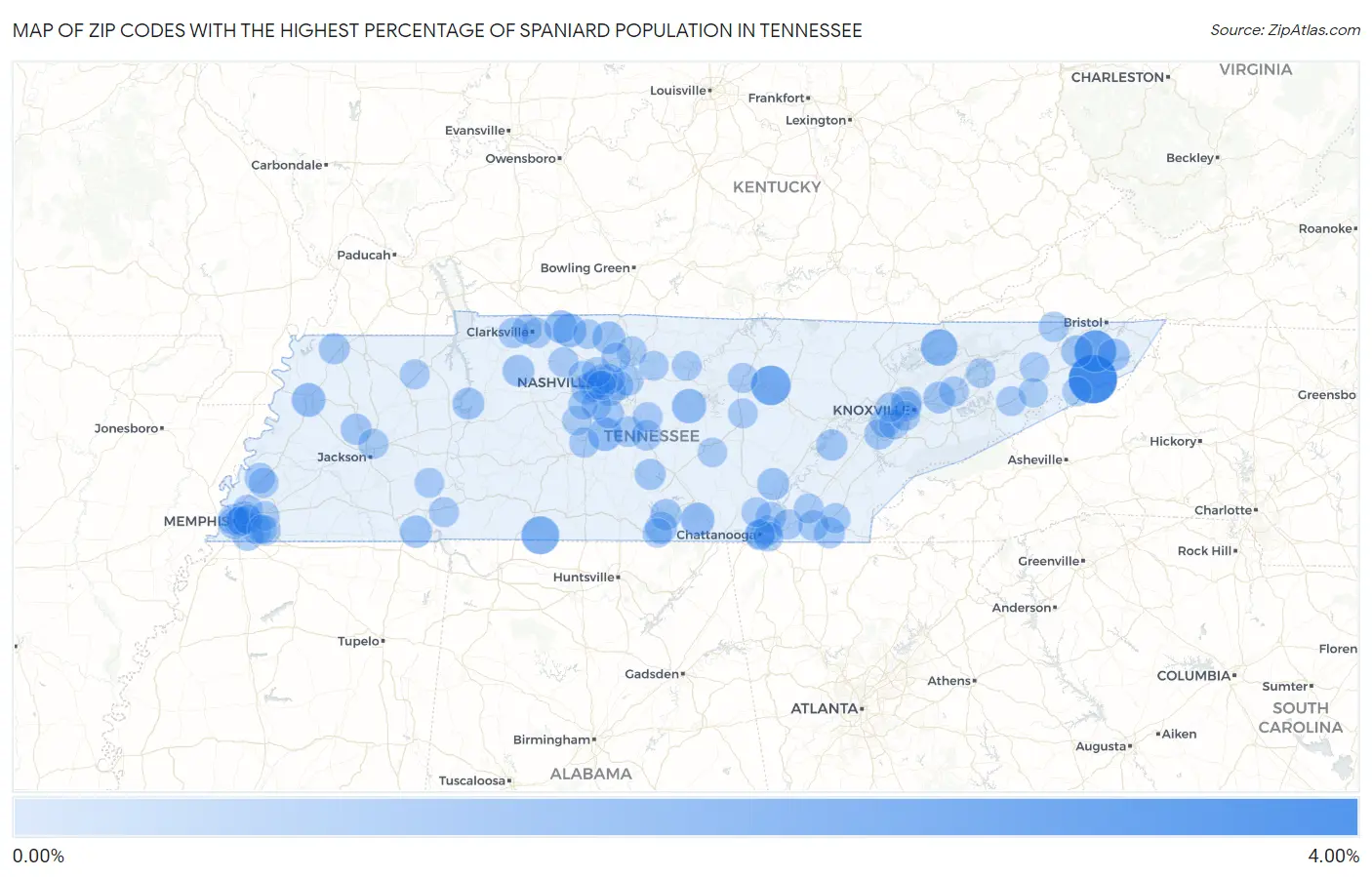 Zip Codes with the Highest Percentage of Spaniard Population in Tennessee Map