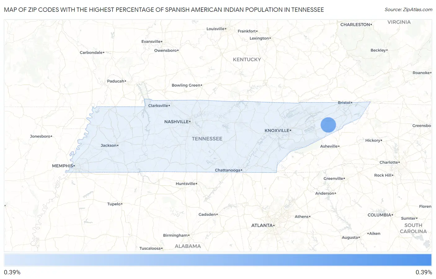 Zip Codes with the Highest Percentage of Spanish American Indian Population in Tennessee Map