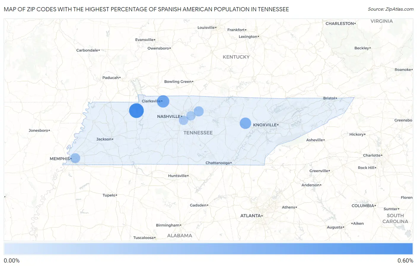 Zip Codes with the Highest Percentage of Spanish American Population in Tennessee Map