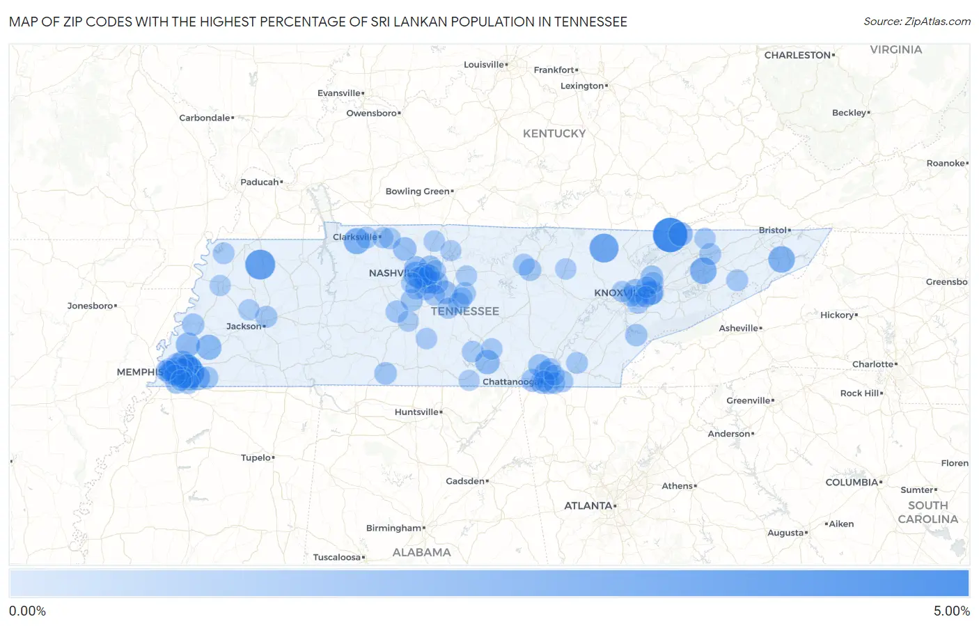 Zip Codes with the Highest Percentage of Sri Lankan Population in Tennessee Map