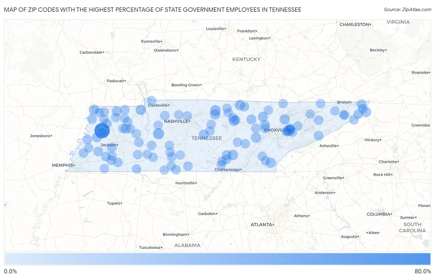Zip Codes with the Highest Percentage of State Government Employees in Tennessee Map