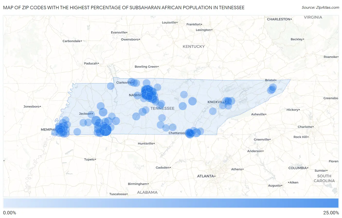 Zip Codes with the Highest Percentage of Subsaharan African Population in Tennessee Map
